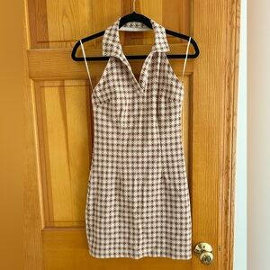 Sadie & Sage Rust Tan Houndstooth Plaid Halter Dress